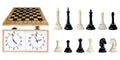 Watercolor chess board, clock and pieces full set of realistic illustration. Empty wooden chessboard with figures Royalty Free Stock Photo