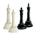 Watercolor chess king and queen black and white pieces illustration. Realistic group of figures