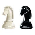 Watercolor chess knights pieces black and white illustration isolated on white. Realistic figures of horse for Chess day
