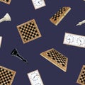 Watercolor chess seamless pattern with black and white kings, boards and clocks on dark blue background