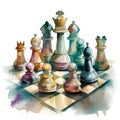 Watercolor chess set. Hand drawn illustration isolated on white background.