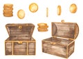 Watercolor chest, suitcase, gold coins, gold, treasure, chest with gold for invitations, cards