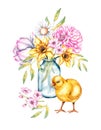 Watercolor chick with a vase of flowers. Isolated group on a white background