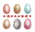 Watercolor chicken eggs with spots and flowers Royalty Free Stock Photo