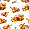 Watercolor chicken fried seamless pattern on a white background