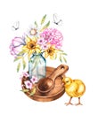 Watercolor chicken with a glass vase with a bouquet on a wooden tray