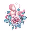 Watercolor child surrounded by roses and sparkles