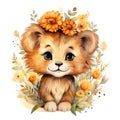 watercolor childish illustration adorable naive cartoon lion cub with orange flowers