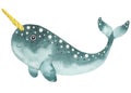 Watercolor childish illustration with cute turquoise narwhal