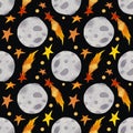 Watercolor childish pattern with moon and stars on a dark background. Pattern for various fabrics, paper, wrapping etc.