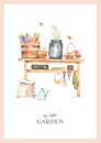 Watercolor childish poster with garden tools, vegetables, plants and farm objects. Garden harvest illustration. Children room