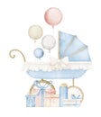 Watercolor childish Pram with air balloons and presents for Baby Shower. Hand drawn watercolor illustration of vintage