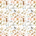 Watercolor childish seamless boho pattern with toys and a accessorize