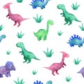 Watercolor childish seamless pattern with dinosaurs and plants.