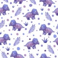 Watercolor childish seamless pattern with purple dinosaurs and plants