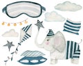 Watercolor set, elephant, clouds, kite, pillows, sleeping mask isolated on white background. For various products etc.