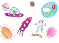 Watercolor children drawing space planet rocket