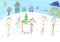 Watercolor children drawing winter sleigh ride Royalty Free Stock Photo