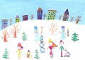 Watercolor children drawing winter sleigh ride Royalty Free Stock Photo