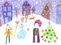 Watercolor children drawing winter sleigh ride Royalty Free Stock Photo