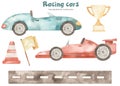 Watercolor children`s set with racing cars, road, flag, trophy, traffic cone, boy