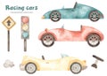Watercolor children`s set with racing cars, traffic light, pointer, steering wheel, boy