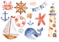 Watercolor children set cute cartoon sailboat, lighthouse, whale.