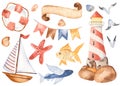 Watercolor childrens cute cartoon set with lighthouse, sailboat, flags, fishes.