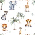 Watercolor childrish seamless pattern with cute cartoon safari animals and palm isolated on white background Royalty Free Stock Photo