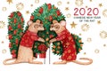 Watercolor Chinese New Year 2020 greeting card with a pair of rats. Hand-drawn grandfather and grandmother rats in red suits