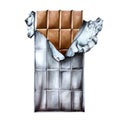 Watercolor chocolate bar in ripped open foil. Hand drawn silver wrapper, realistic illustration isolated on white