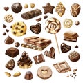 Watercolor chocolate collection. Hand drawn sweets, truffle, praline, chocolate bar, drops, candies and cake. Royalty Free Stock Photo