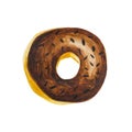 Watercolor chocolate doughnut coated with glaze on the white background