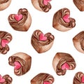 Watercolor chocolate heart cake seamless pattern on white background