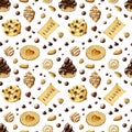 Watercolor chocolate pattern. Hand drawn sweets, truffle, praline, chocolate bar, drops and cakes. Royalty Free Stock Photo