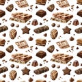 Watercolor chocolate pattern. Hand drawn sweets, truffle, praline, chocolate bar, drops,