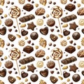 Watercolor chocolate pattern. Hand drawn sweets, truffle, praline, chocolate bar, drops
