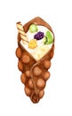 Watercolor chocolate sweet bubble waffle with whipped cream and fresh fruits