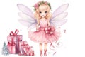 Watercolor Christmas Angel. Illustration of magical fairy with wings in pink dress with gifts. Little princess girl Royalty Free Stock Photo