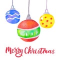 Watercolor Christmas background with Christmas balls. Bright Christmas decoration. Merry Christmas greeting card. Vector Royalty Free Stock Photo