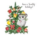 Watercolor Christmas background with festive fir tree, cute koala in winter hat, holiday ornaments. New Years card Royalty Free Stock Photo