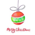 Watercolor Christmas ball on white background. Merry Christmas greeting card with xmas ball and hand lettering. Holiday Royalty Free Stock Photo