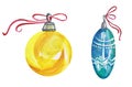 Watercolor Christmas balls for a Christmas tree. Shiny blue and yellow jewelry with red ribbons tied with a bow Royalty Free Stock Photo