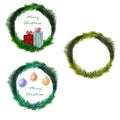 watercolor christmas balls  gift box with christmas tree branches  wreath Royalty Free Stock Photo