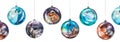 Watercolor Christmas balls with a nativity scene, a donkey and a bull, three wise men on camels, shepherds with sheep, singing