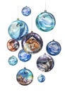 Watercolor Christmas balls with a nativity scene, three wise men on camels, shepherds with sheeps, singing angels, an animals: Royalty Free Stock Photo