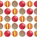 Watercolor christmas balls of red, green and yellow colors seamless pattern on the white background. Royalty Free Stock Photo