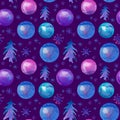 Watercolor Christmas balls seamless pattern. Hand drawn Christmas illustrations with Christmas balls and snowflakes on dark blue Royalty Free Stock Photo