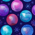 Watercolor Christmas balls seamless pattern. Hand drawn Christmas illustrations with Christmas balls and snowflakes on dark blue Royalty Free Stock Photo