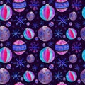 Watercolor Christmas balls seamless pattern. Hand drawn Christmas illustrations with Christmas balls and snowflakes on dark blue Royalty Free Stock Photo